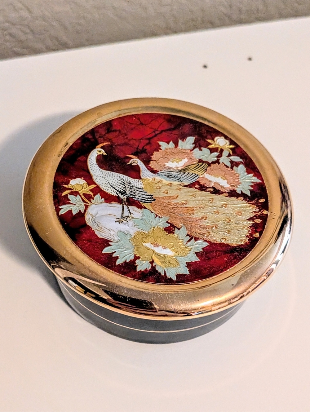 Vintage Gold-Tone Decorative Chokin Jewelry Trinket Box with Red Peacock Motif
